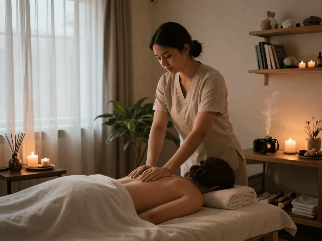 Relaxing 화곡동출장안마 massage therapy in a tranquil studio with soothing atmosphere and essential oils.