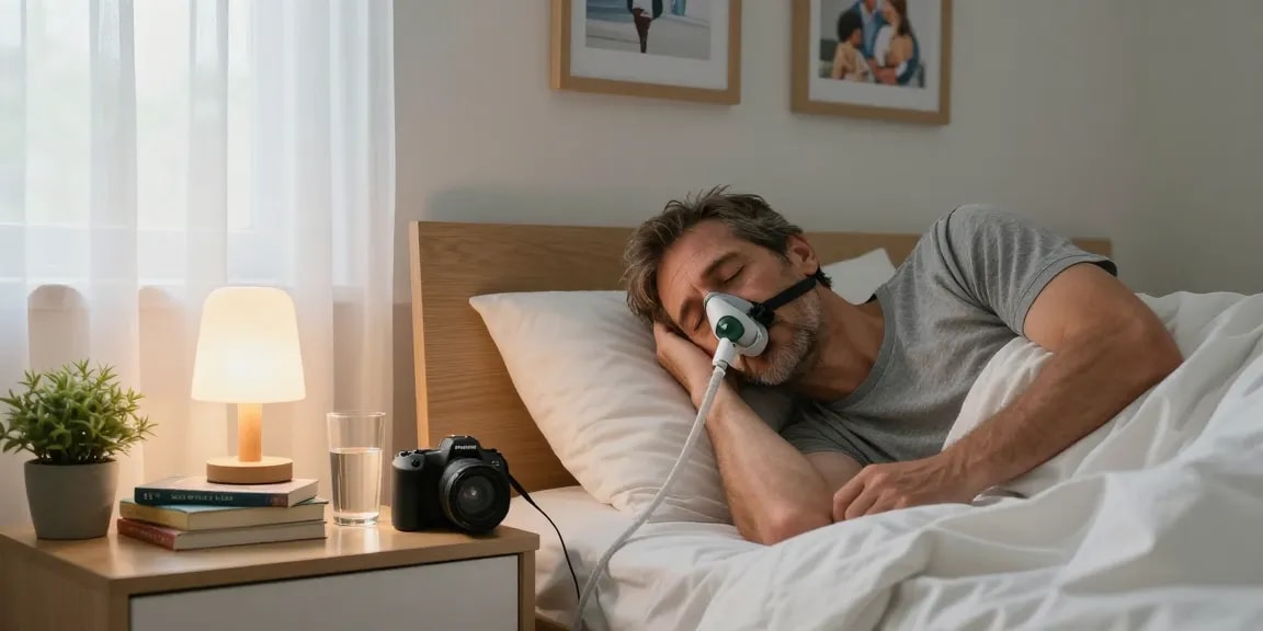 Comfortable bedroom scene featuring a CPAP supply setup, highlighting restful sleep and wellness.