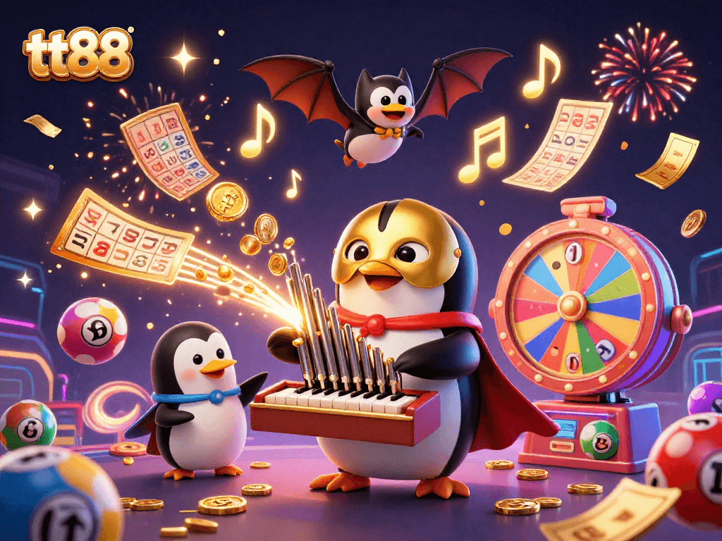 Experience the thrill of tt88 with a 3D penguin playing an organ of golden coins amidst lively celebration.
