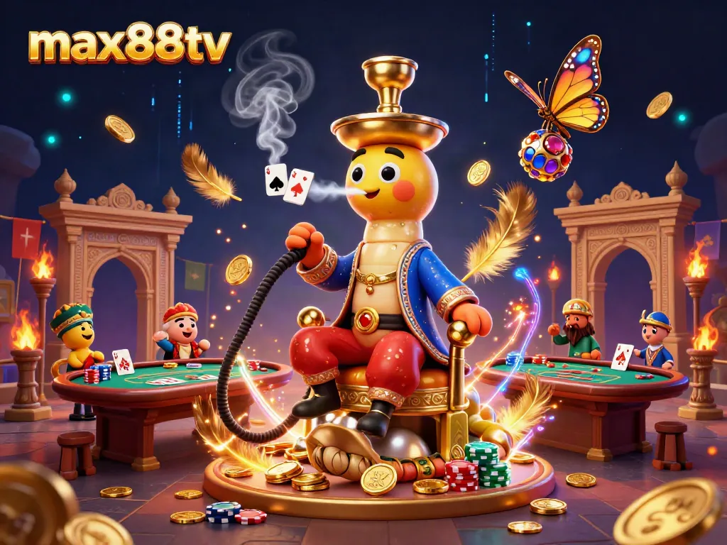 Experience winning strategies with max88tv in an energetic casino-themed fantasy illustration.