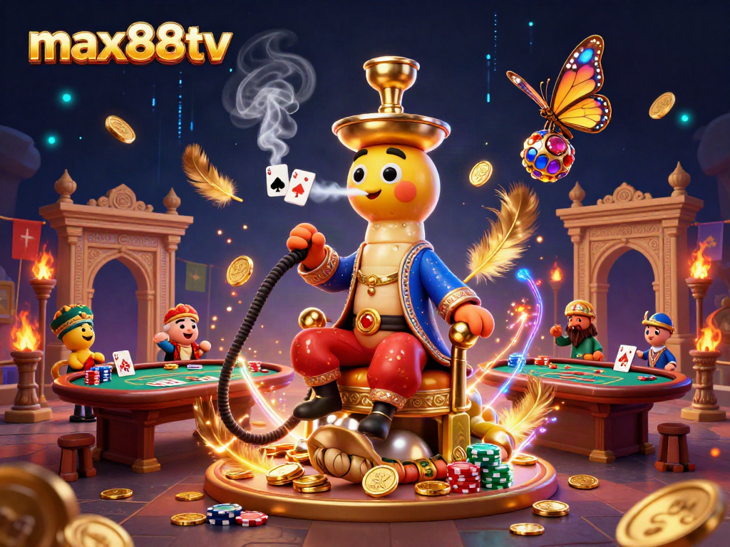 Experience winning strategies with max88tv in an energetic casino-themed fantasy illustration.
