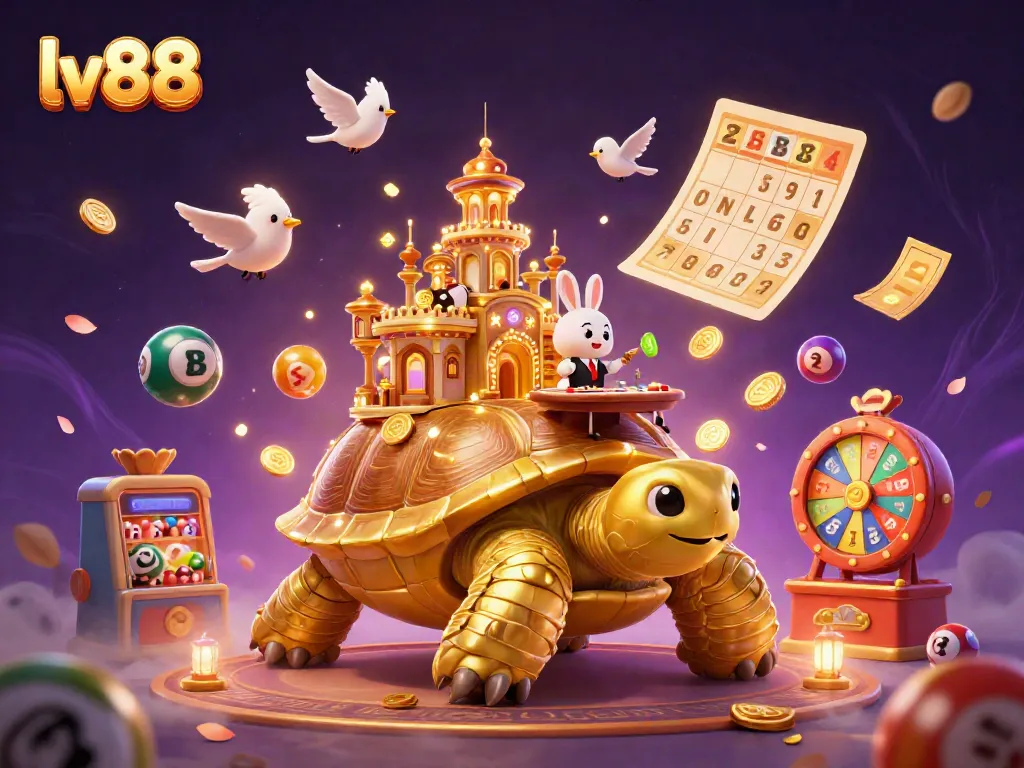Experience the thrill of online gaming at lv88 with a vibrant and dynamic 3D illustration featuring a golden tortoise casino.