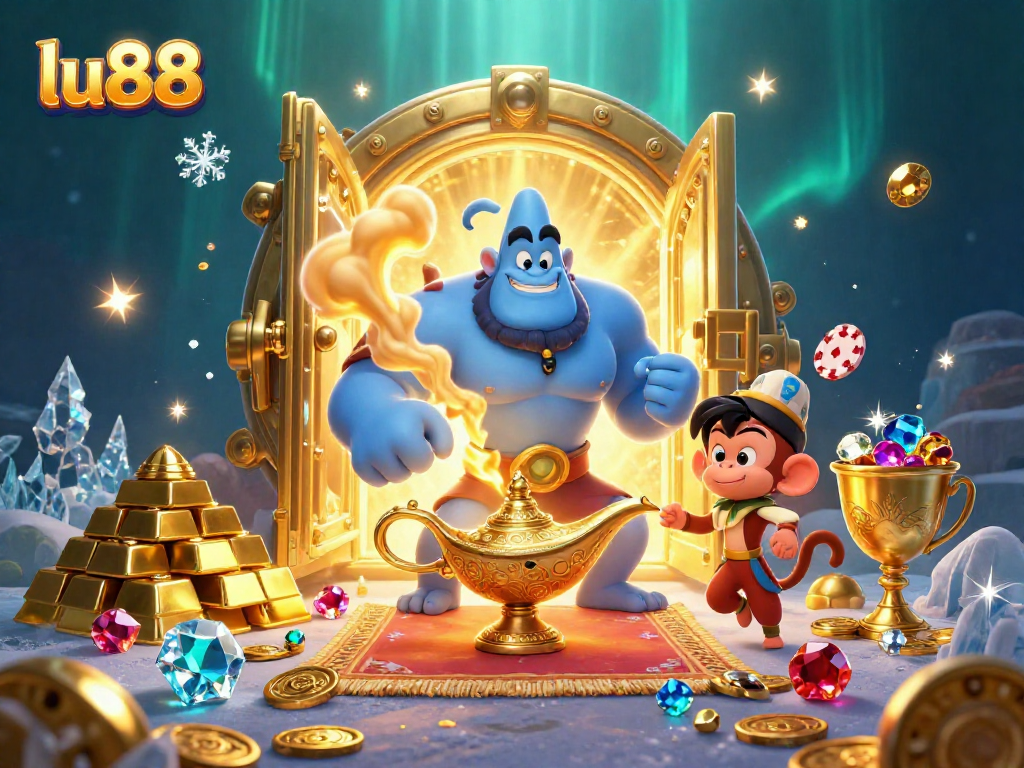 Experience the enchanting world of lu88 with a magical genie and treasure in a vibrant casino scene.