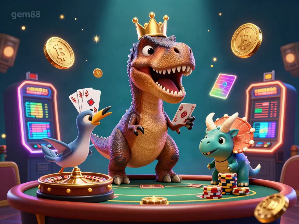 Experience the excitement of gem88 with a friendly T-Rex shuffling cards in a vibrant casino scene.
