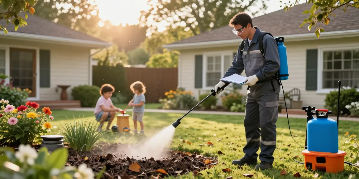 Pest control Calgary technician treating garden for pests with professional equipment and protective gear.