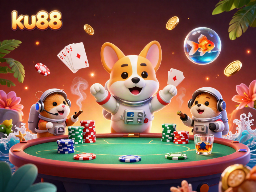 ku88 showcases thrilling casino action with a cartoon astronaut corgi amidst floating poker chips and gold coins.