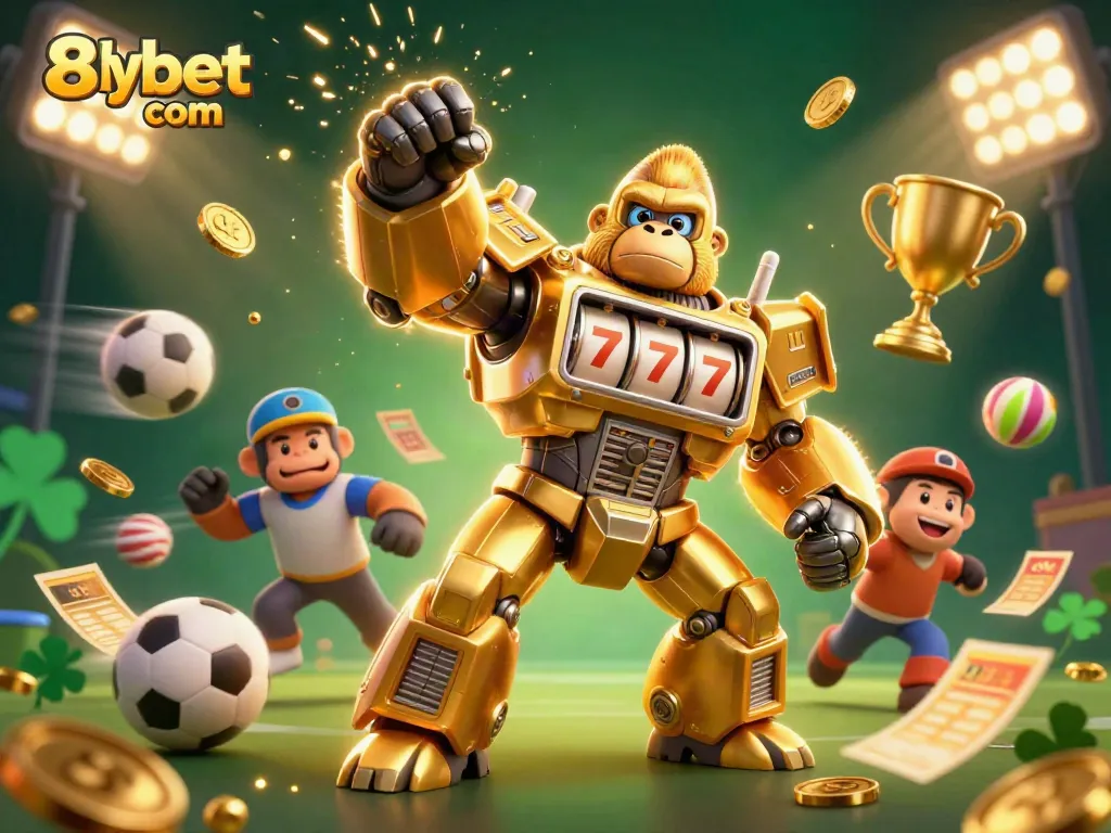 Engage with the exciting world of 8xbet com in a vibrant 3D illustration filled with dynamic sports and gaming elements.