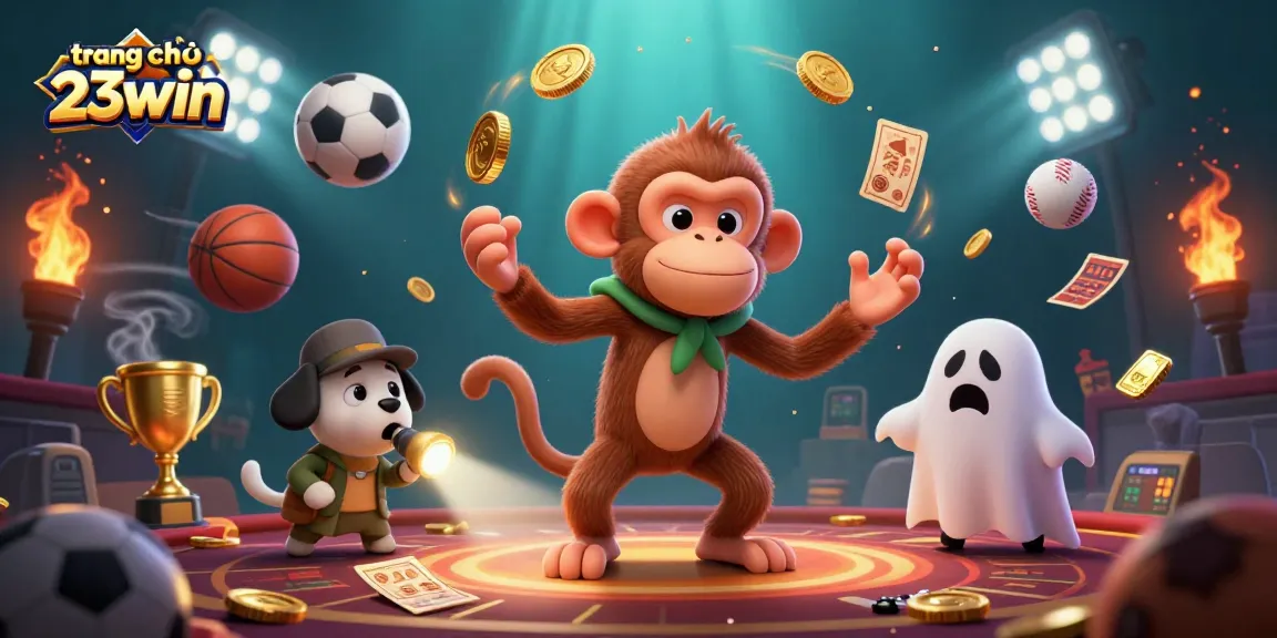 Track the playful scene with the poltergeist monkey at trang chủ 23win, juggling golden items in a haunted casino.
