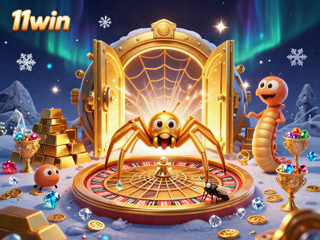 Experience 11win's thrilling roulette action with a golden spider and dynamic gaming elements in a vibrant casino scene.
