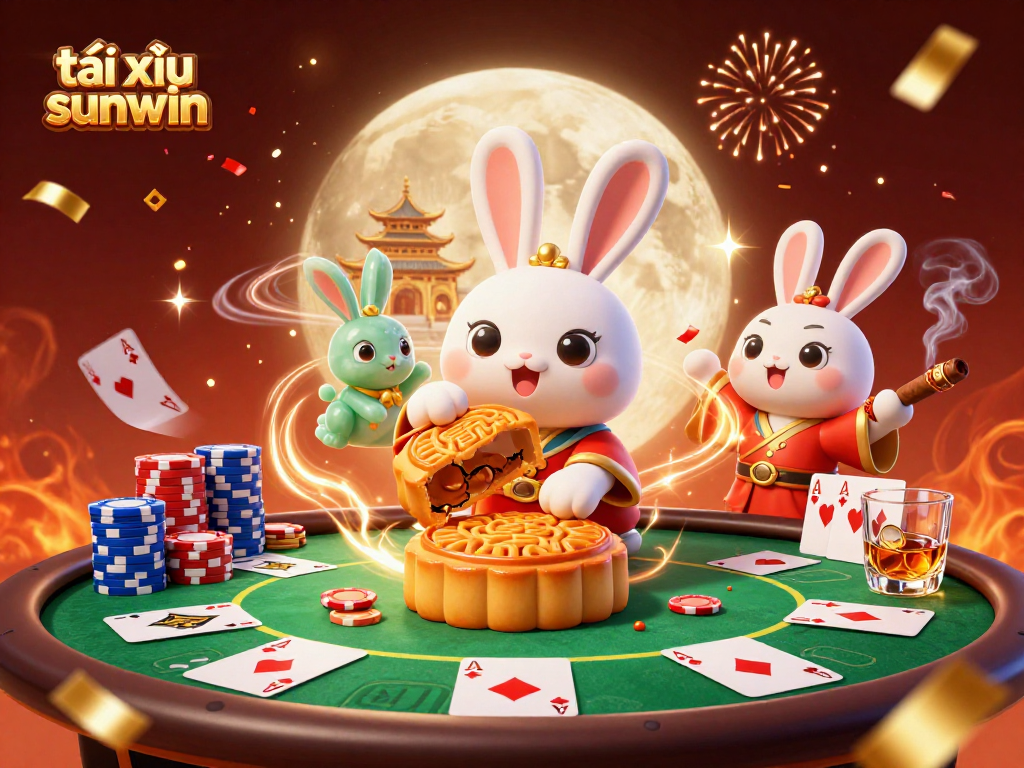Experience an exciting game of tài xỉu sunwin with vibrant poker elements amidst a charming lunar scene.