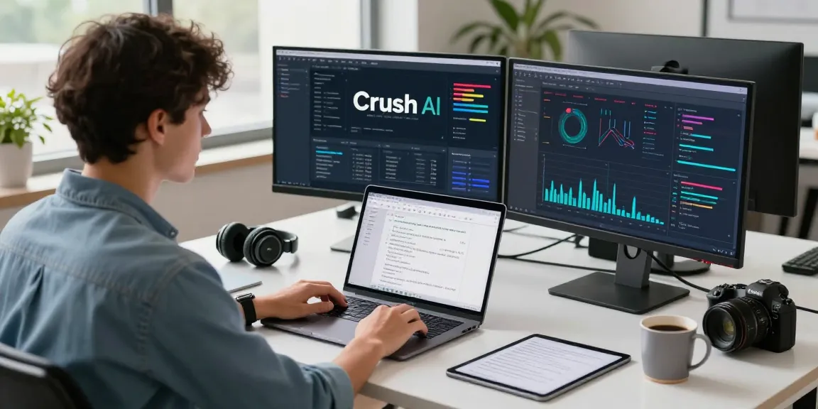 Engaged professional using Crush AI in a bright tech workspace with dual monitors.