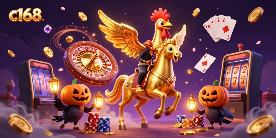 Experience c168 thrills with golden rooster and spectral horse in a vibrant casino scene.