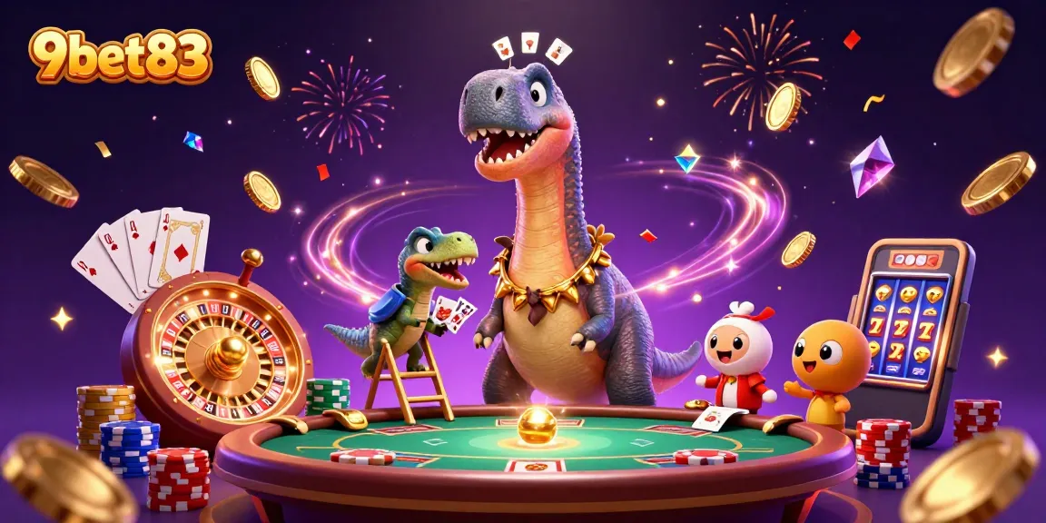 Experience thrilling games at 9bet83 while a dinosaur watches a clever raptor deal cards