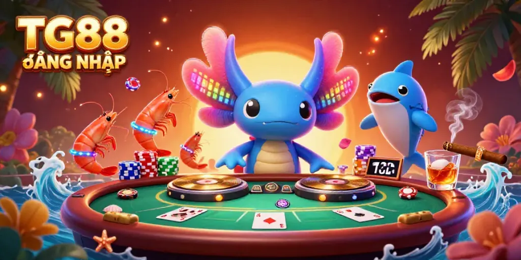 Experience the vibrant casino energy with TG88 ĐĂNG NHẬP in an ultra-detailed fantasy-themed scene featuring a DJ axolotl and casino elements.