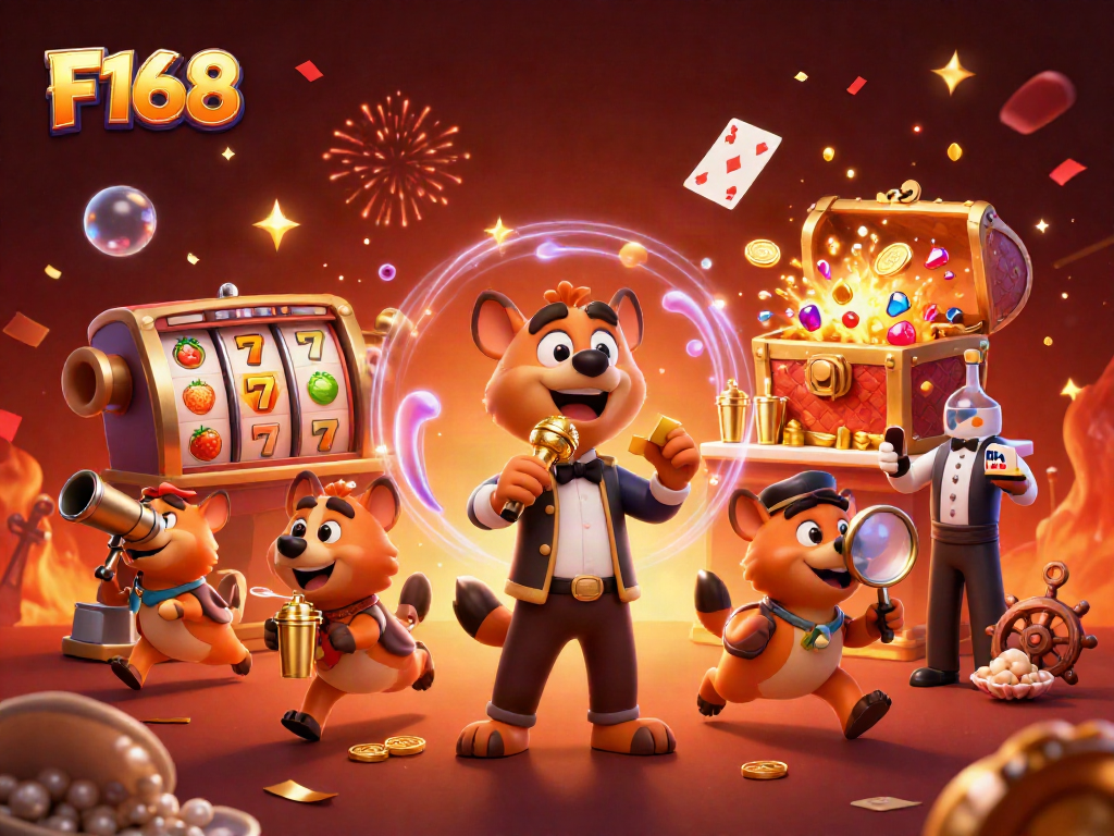 F168 comedians entertain while mixing drinks at a vibrant casino club, showcasing lively gambling action.