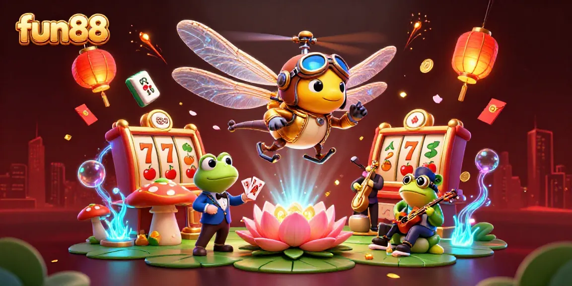 Engage in fun88 gaming with a vibrant casino scene featuring a dragonfly pilot, frog croupier, and jazz musicians