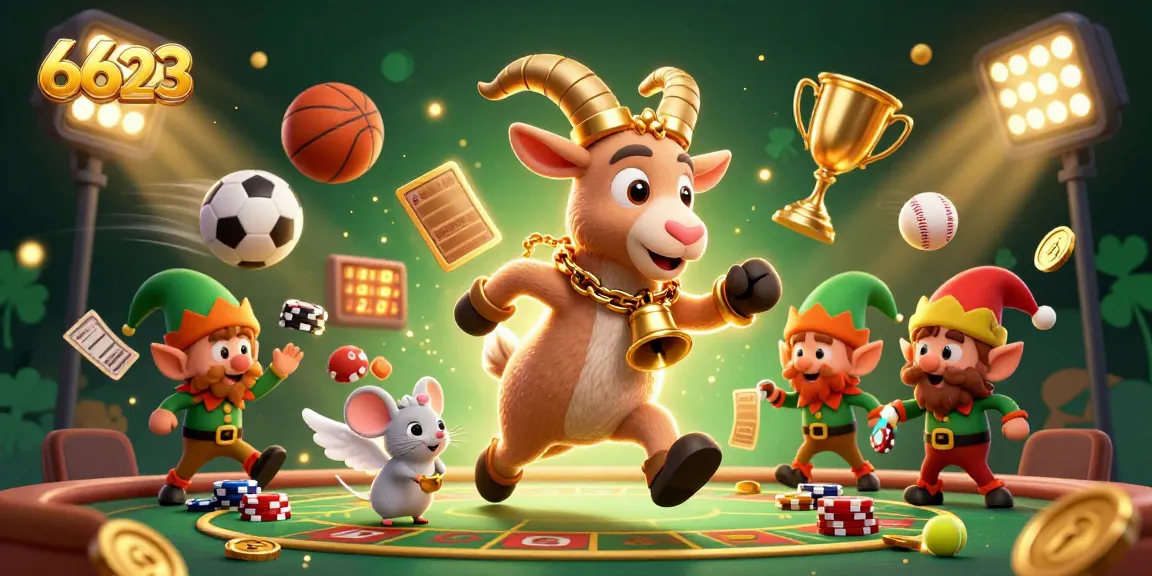 Experience the thrill of 6623 casino with festive characters stealing poker chips amidst vibrant gaming elements.