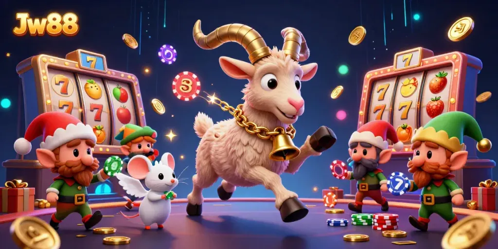 Experience the thrill of Jw88 as festive characters steal the show in a bustling casino scene filled with lively slot games.