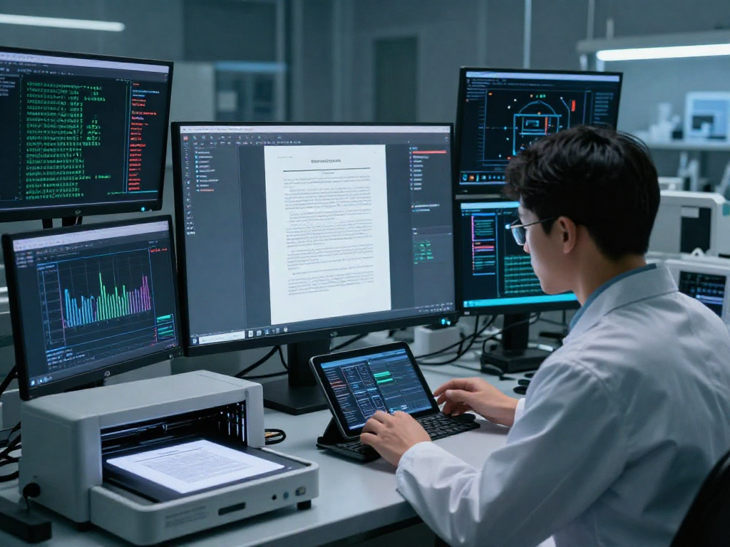 AI-driven document fraud detection analysis in a high-tech forensic lab.