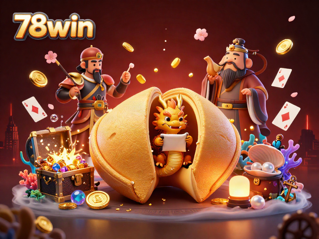 Experience thrilling gaming with 78win in this vibrant 3D casino scene featuring golden fortune cookies and treasure.