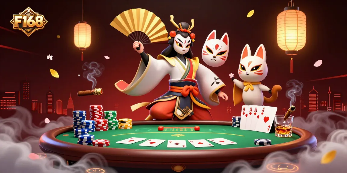 Engage with thrilling action at F168 casino, showcasing dynamic gambling elements like poker and vibrant characters.