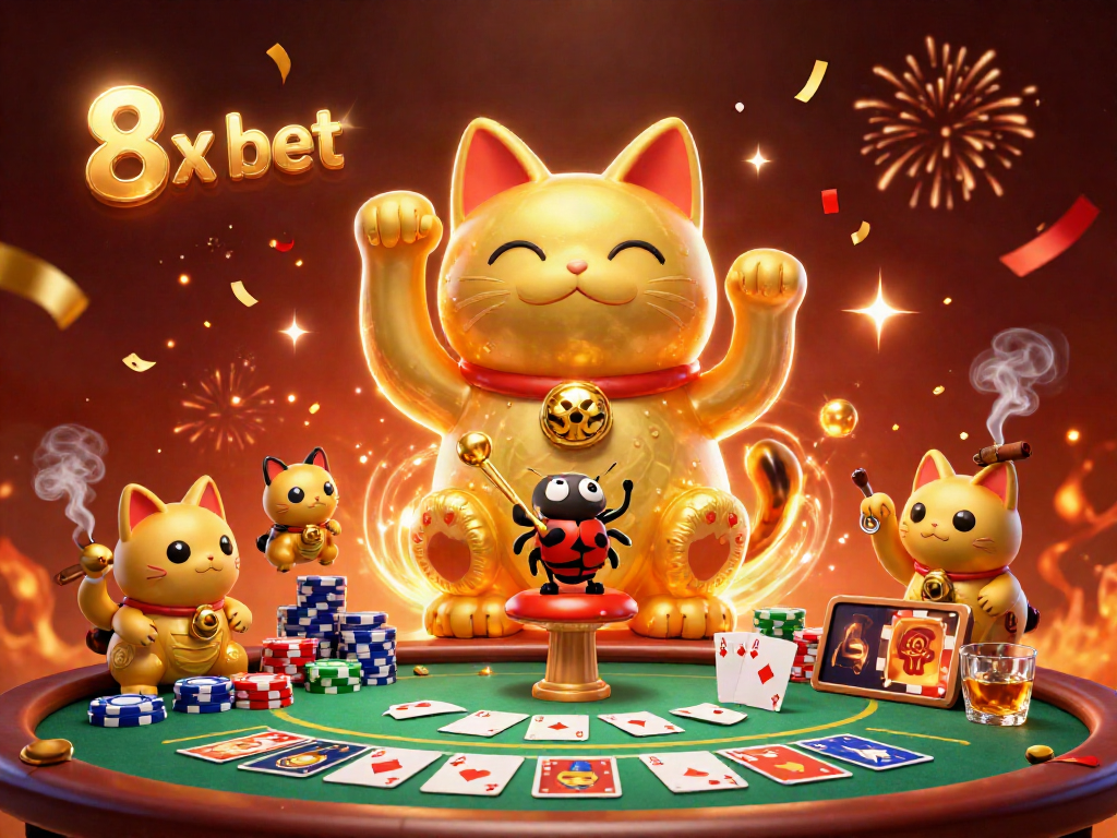 Enjoy the exciting 8x bet experience with vibrant golden fireflies forming a lucky cat amidst casino symbols.
