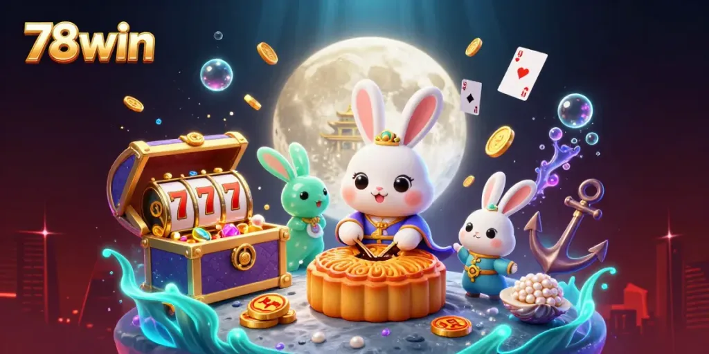 Experience thrilling gaming with 78win, illustrated in a vibrant 3D scene featuring popular casino elements.