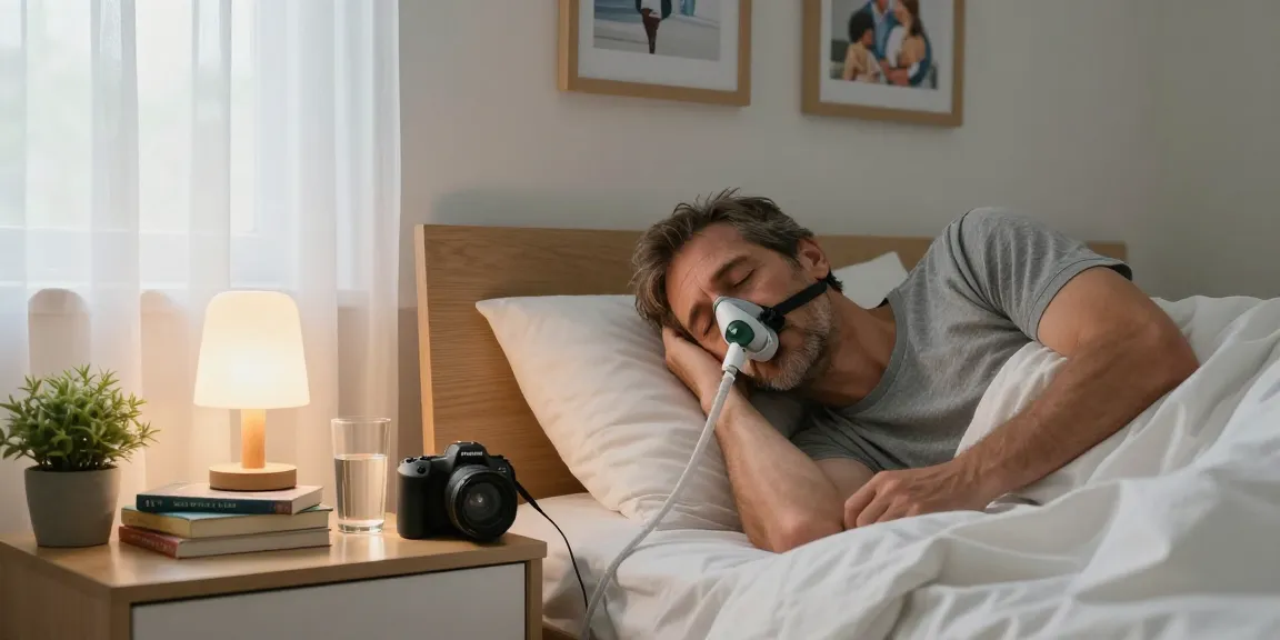 Comfortable bedroom scene featuring a CPAP supply setup, highlighting restful sleep and wellness.