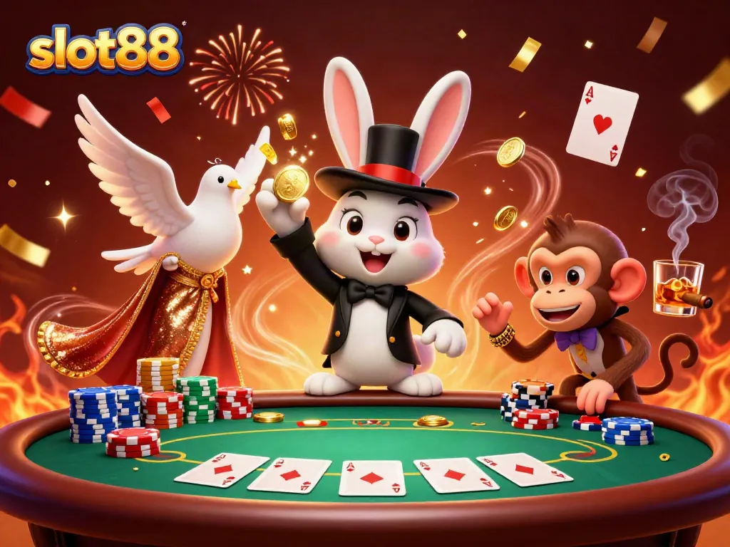 Experience the thrill of slot88 with a magical scene of a rabbit, dove, and monkey amidst casino games.