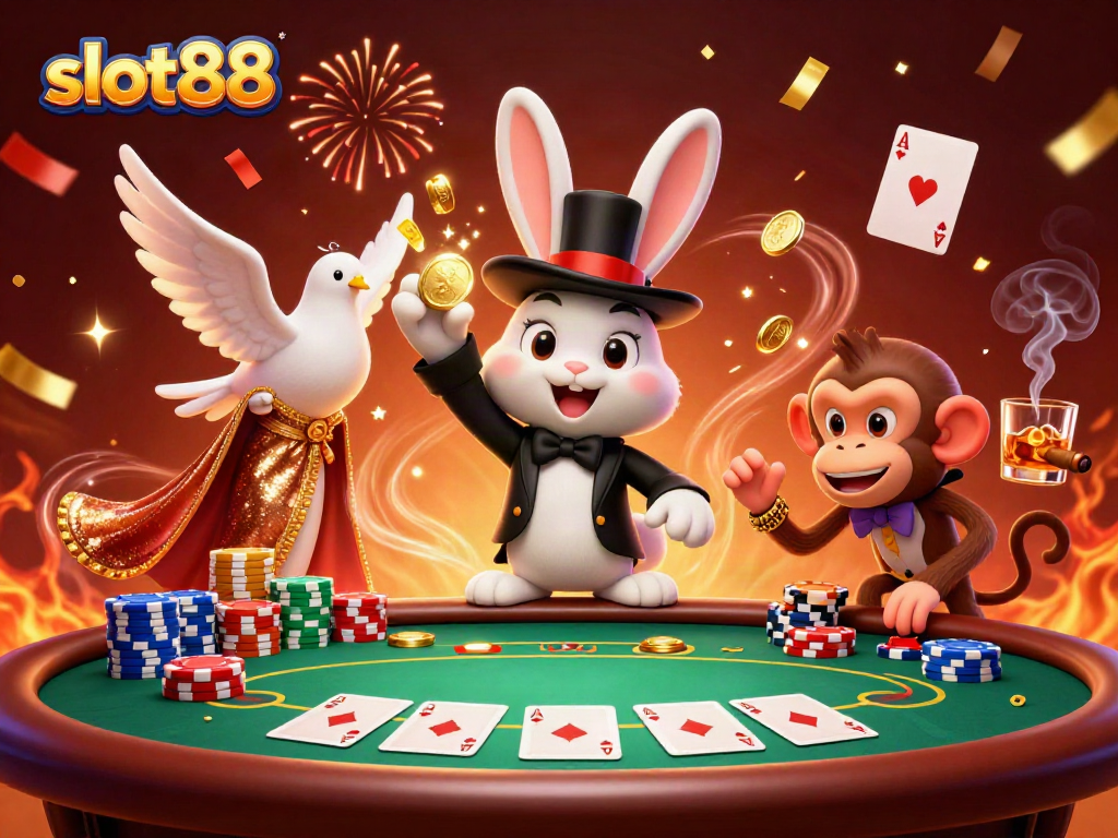 Experience the thrill of slot88 with a magical scene of a rabbit, dove, and monkey amidst casino games.