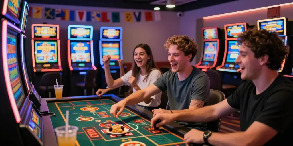 Visual suasana situs gacor dengan teman bermain game kasino, suasana ceria dan energetik.