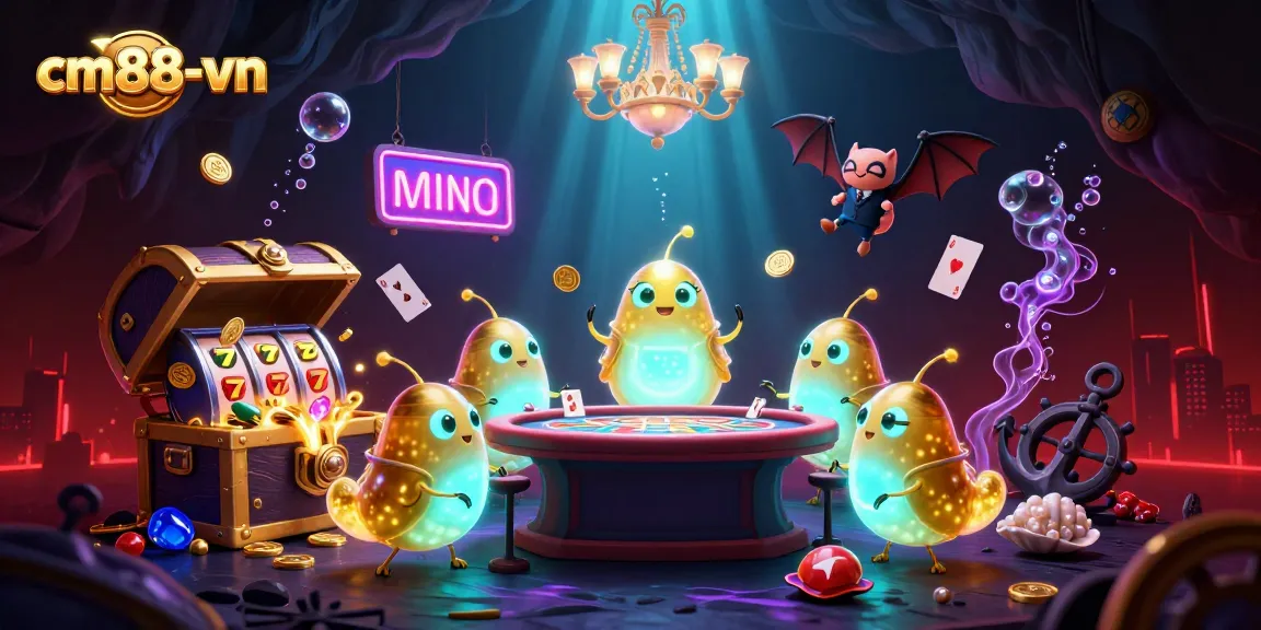 Engaging cm88-vn casino scene with glowworms, vibrant slot elements, and bat dealer lighting up action.