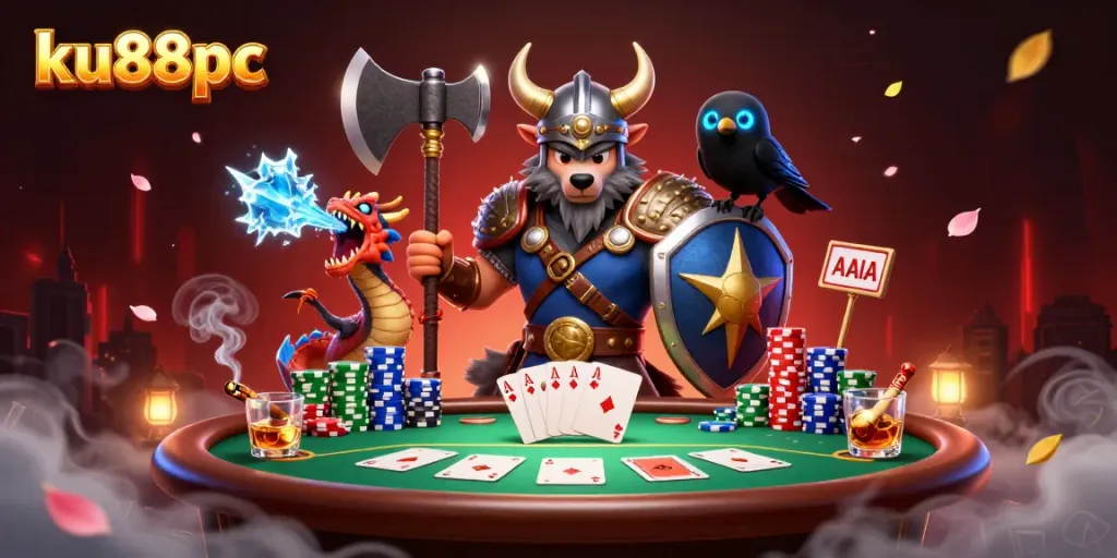 Engage in thrilling poker games at ku88pc with vibrant characters and a dynamic casino scene.
