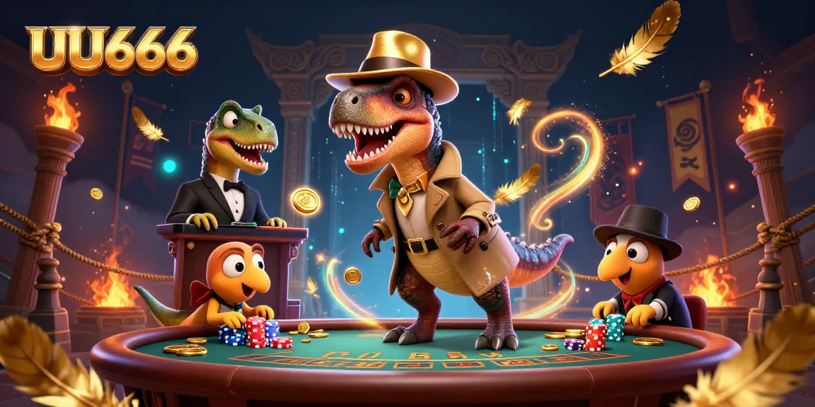 Engage in thrilling gameplay at UU666 with a cartoon velociraptor at a blackjack table surrounded by vibrant casino elements.