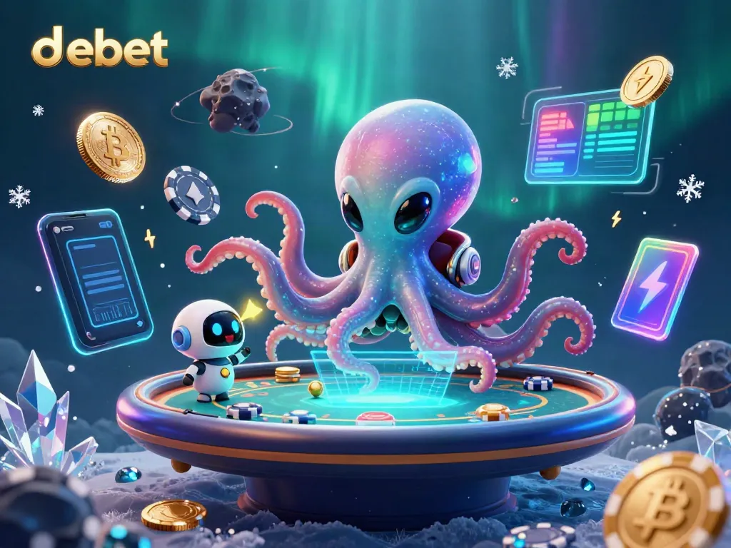 Engage with debet's thrilling 3D poker scene featuring an alien octopus and futuristic tokens.