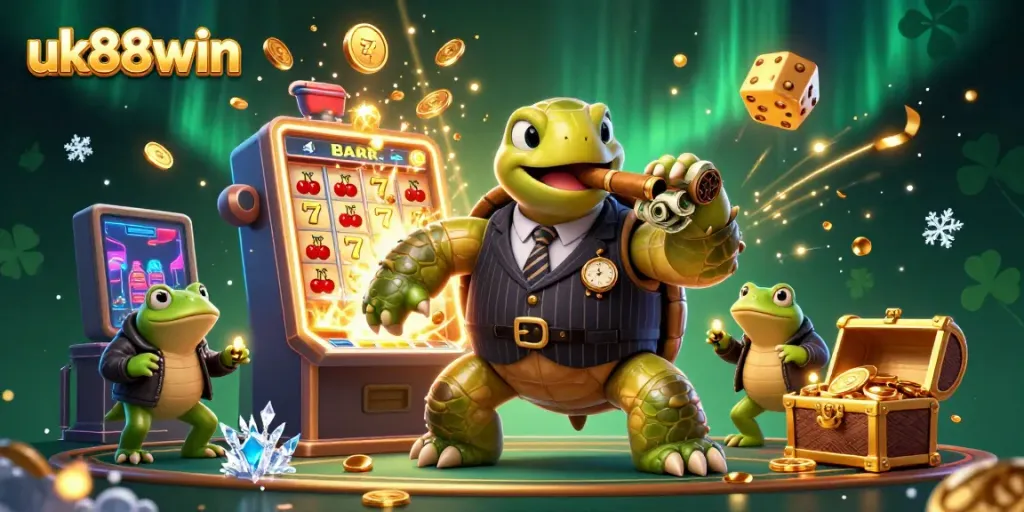 Join the action with uk88win, a lively casino scene featuring a snapping turtle in a suit, lucky symbols, and abundant gold coins.