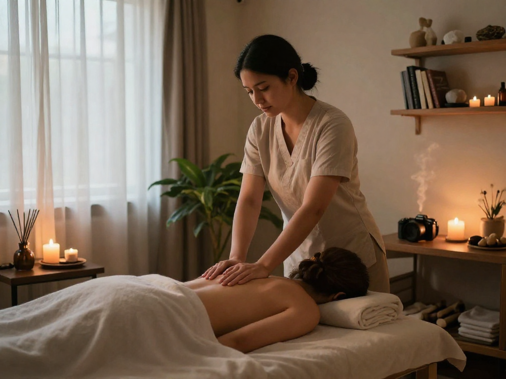 Relaxing 화곡동출장안마 massage therapy in a tranquil studio with soothing atmosphere and essential oils.