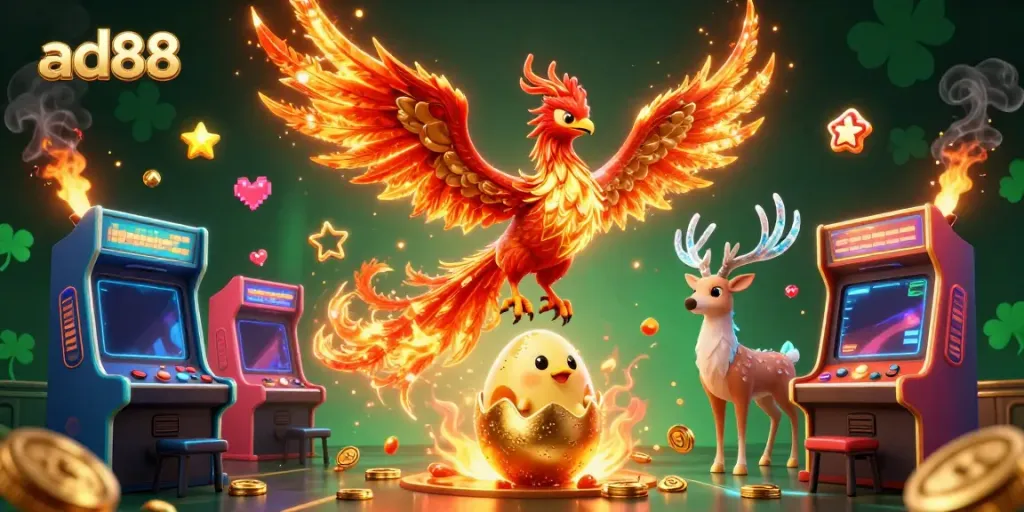 Experience thrilling gaming action with ad88, featuring a majestic phoenix and vibrant casino elements.