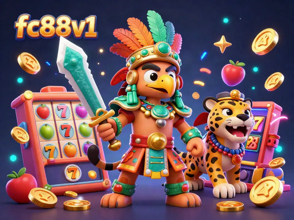 Engage with the vibrant world of fc88v1, featuring vivid 3D characters, dynamic slot machines, and colorful casino elements.