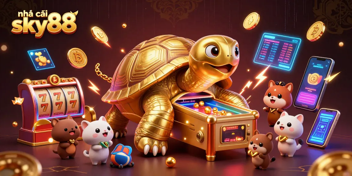 Engage with nhà cái sky88's thrilling slot games featuring a colossal golden tortoise in a dynamic casino scene.