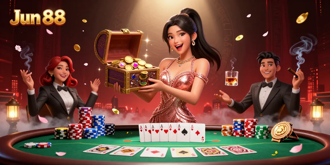 Experience excitement and luck at Jun 88 with vibrant casino elements and treasures