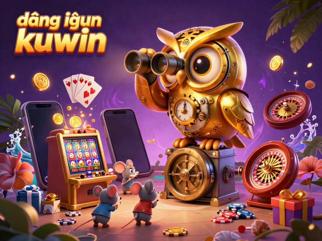 Experience the excitement of đăng nhập kuwin as a golden owl surveys the lively casino scene filled with vibrant slots and games.