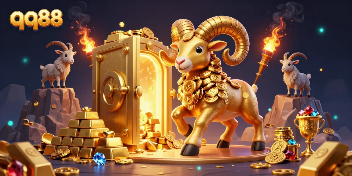 Experience the thrill of qq88 in this vibrant 3D illustration of a golden ram charging through treasures.