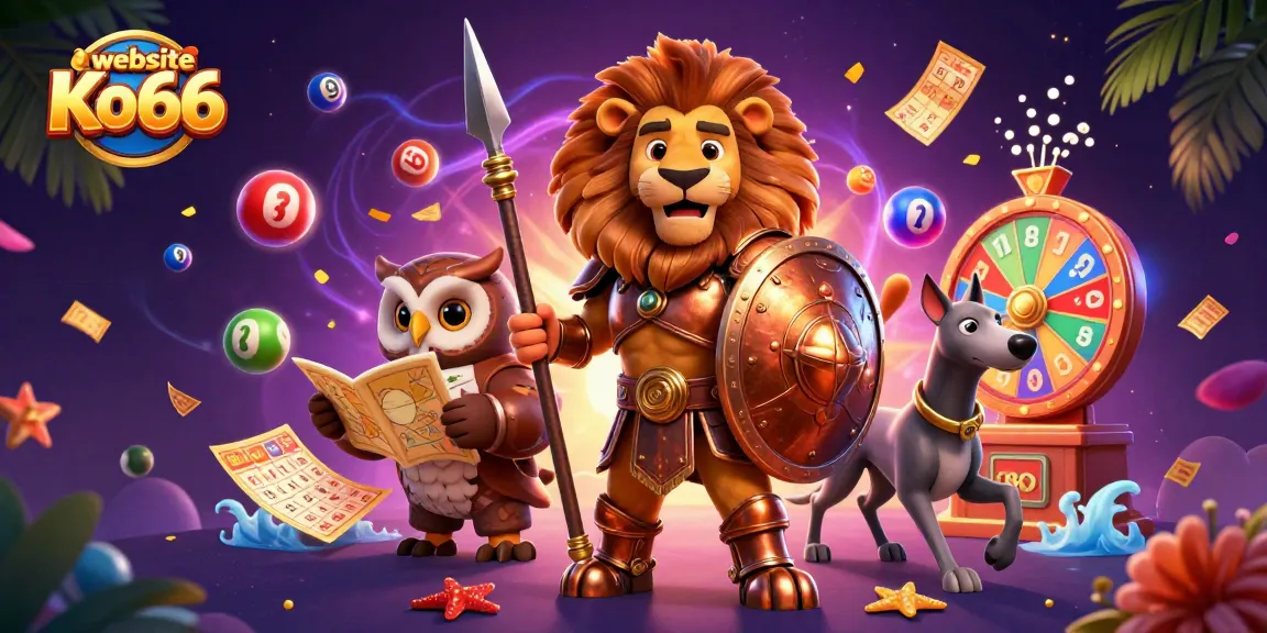 Engage with thrilling games and offers at the website Ko66, showcasing vibrant lottery elements and animated characters.