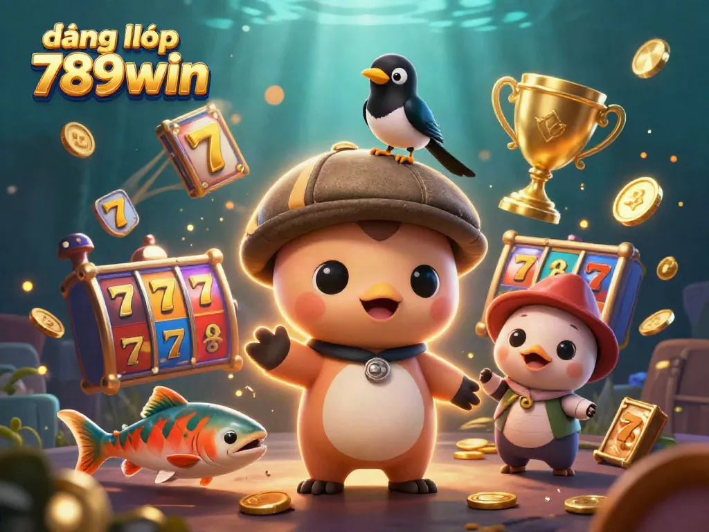 Engage in fun with đăng nhập 789win as 3D cartoon Nessie plays amidst vibrant slot reels and golden coins.