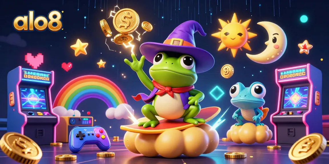 Alo8 offers a vibrant casino world with a frog wizard creating coin storms, featuring 3D game elements.
