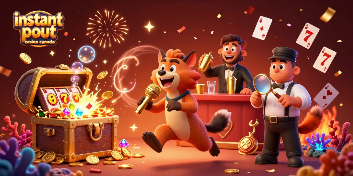 Experience instant payout casino canada with a dynamic scene featuring comedy, slot games, and festive elements.