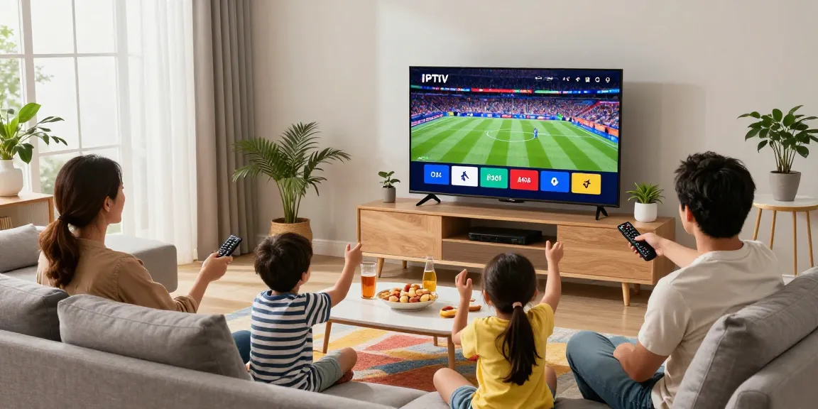 Family enjoying IPTV streaming together in a cozy living room with a large TV.