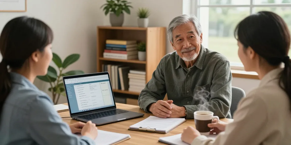 Veteran case management discussion between a case manager and a veteran in a supportive office setting.