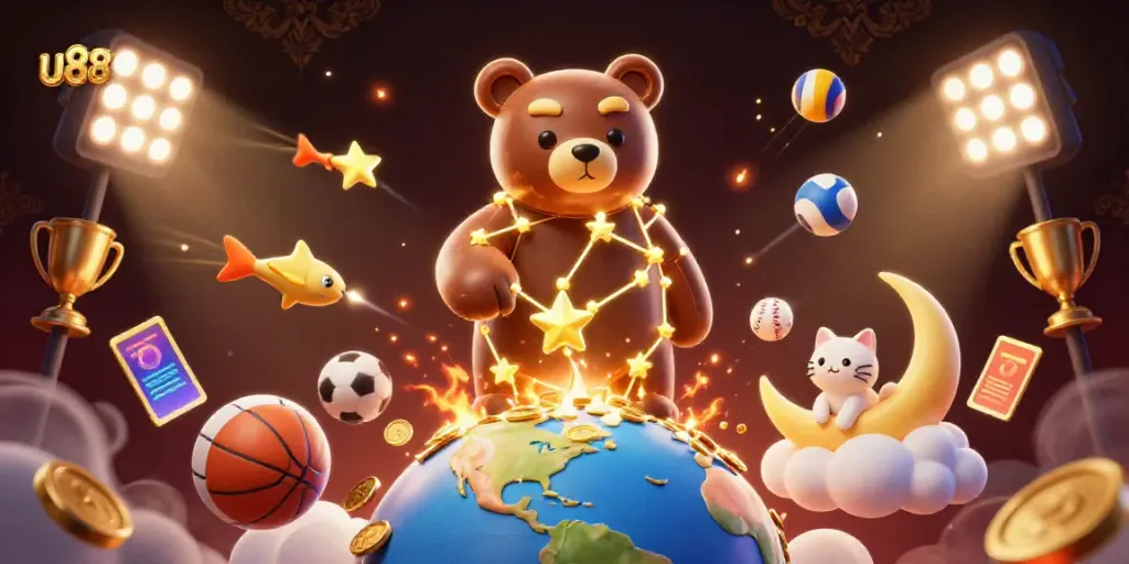 Experience the excitement of u88 casino with a whimsical 3D illustration featuring a constellation bear scooping coins and vibrant gaming elements.